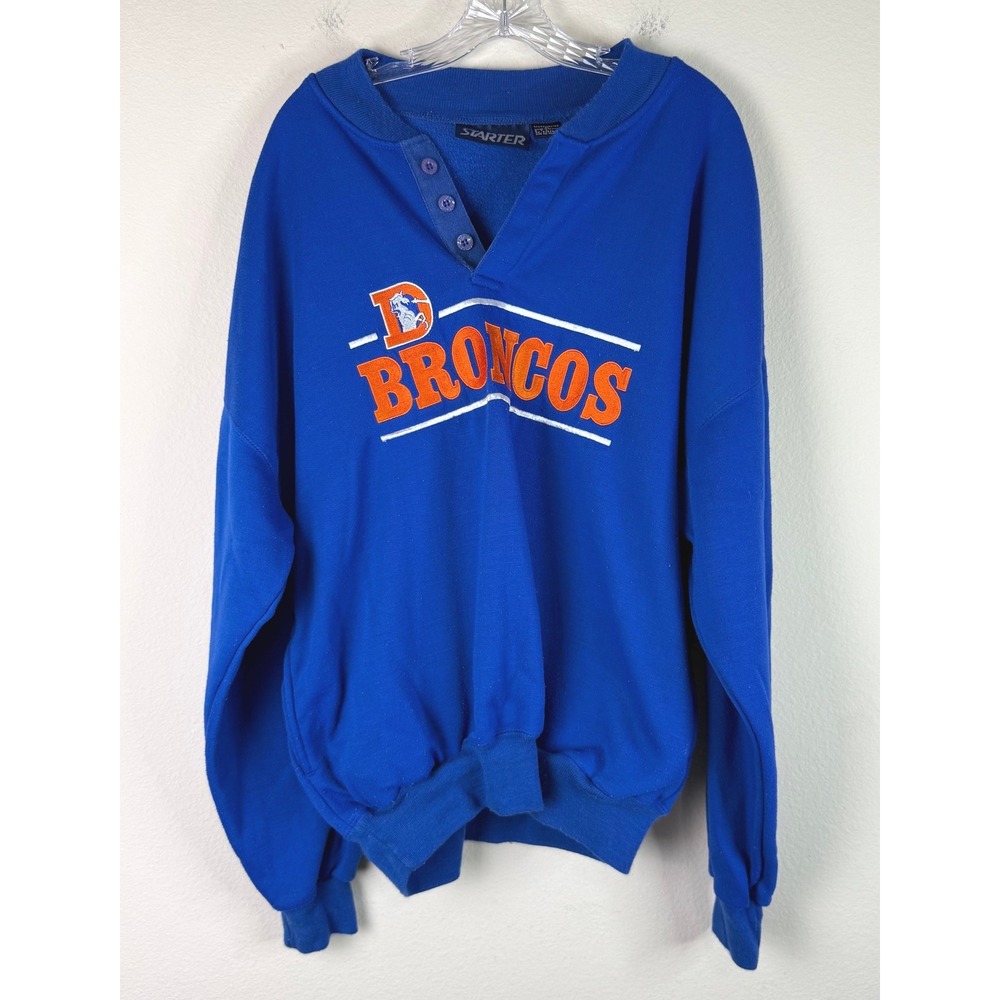 Starter Sweatshirt Mens XL Denver Broncos Henley Blue Vintage NFL 90s Fleece